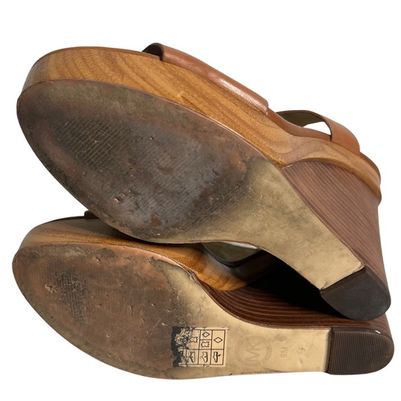 Michael Kors Josephine Tan Leather Wedge Open Toe Sandals Shoes Size 9M - Picture 9 of 12